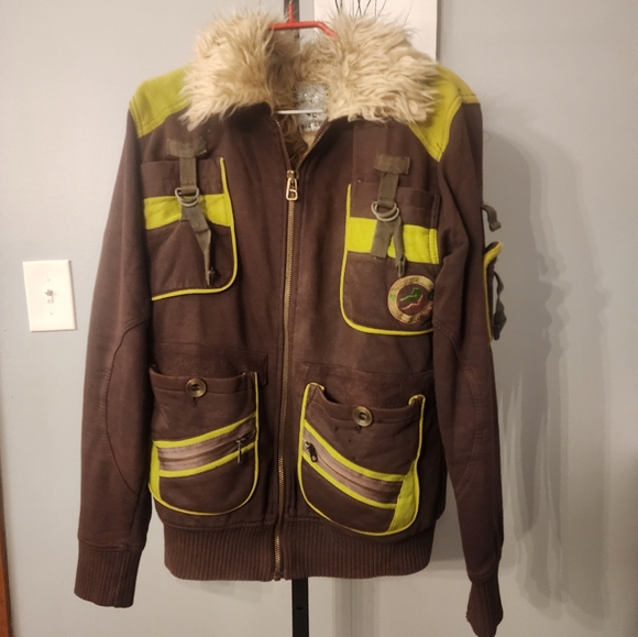 BIG SHOT  Zippered Heavy Jacket Boys Large  Faux Fur Lined Brown Embroidered - Picture 1 of 11